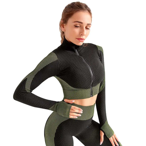 Seamless zipper T-shirt and leggings yoga set