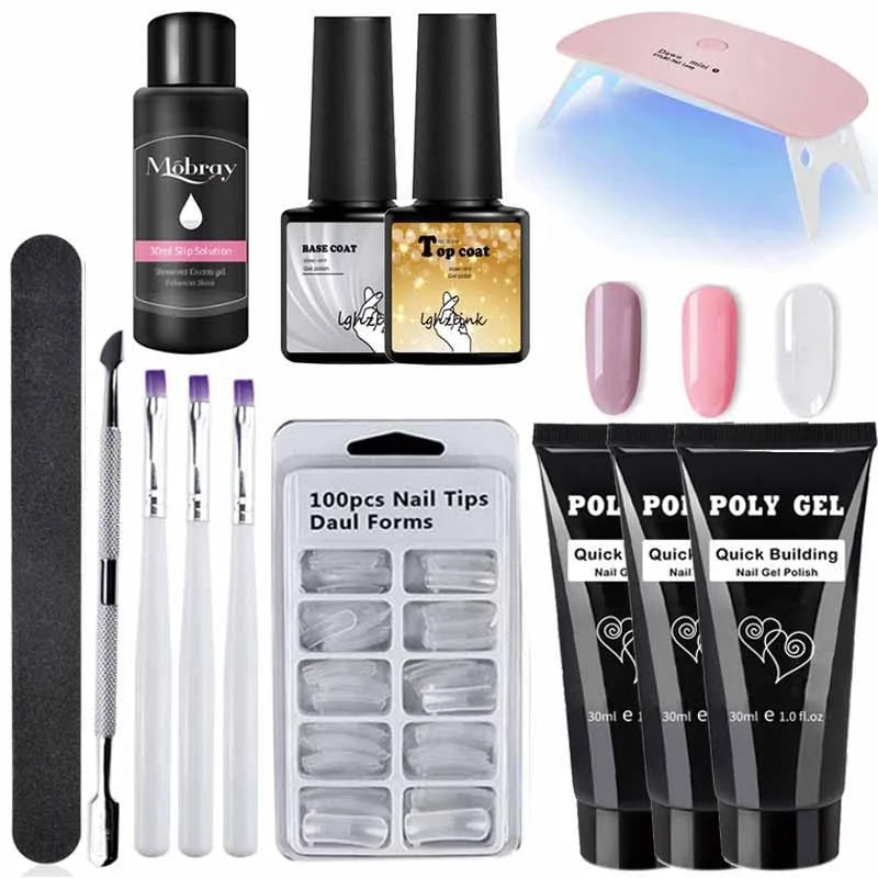 French Nail Art Poly Gel Kit with UV Brush and Nail Tips