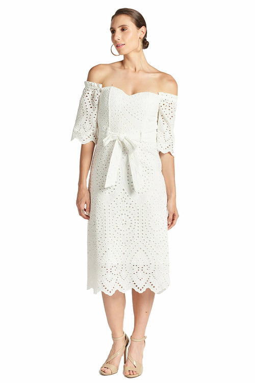 Jasmine Dress - Off the shoulder a-line midi eyelet dress