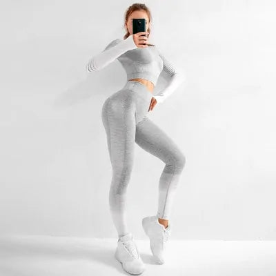 Seamless Ombre Long Sleeve Yoga Setaisted Fitness Women's High Neck