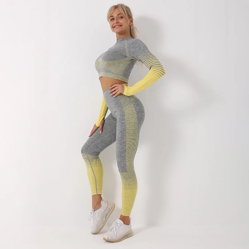 Seamless Ombre Long Sleeve Yoga Setaisted Fitness Women's High Neck