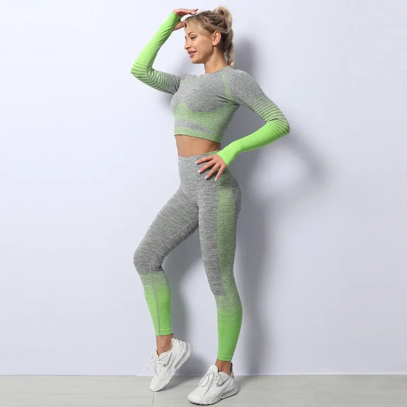 Seamless Ombre Long Sleeve Yoga Setaisted Fitness Women's High Neck