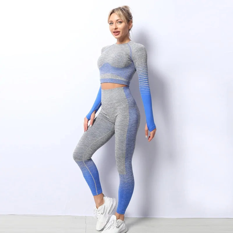 Seamless Ombre Long Sleeve Yoga Setaisted Fitness Women's High Neck